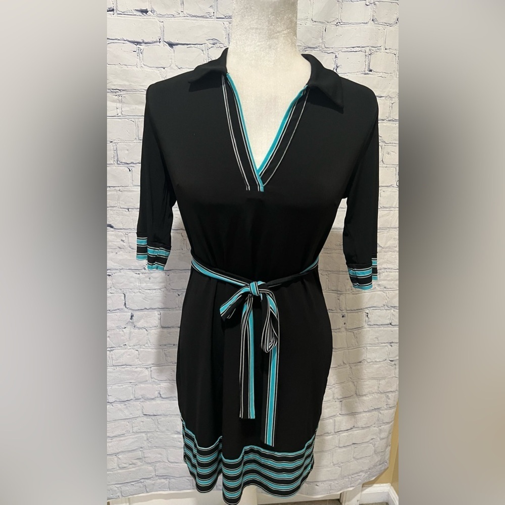 En Focus Studio 3/4 Sleeve Belted Dress Women's Size 6 Black / Blue